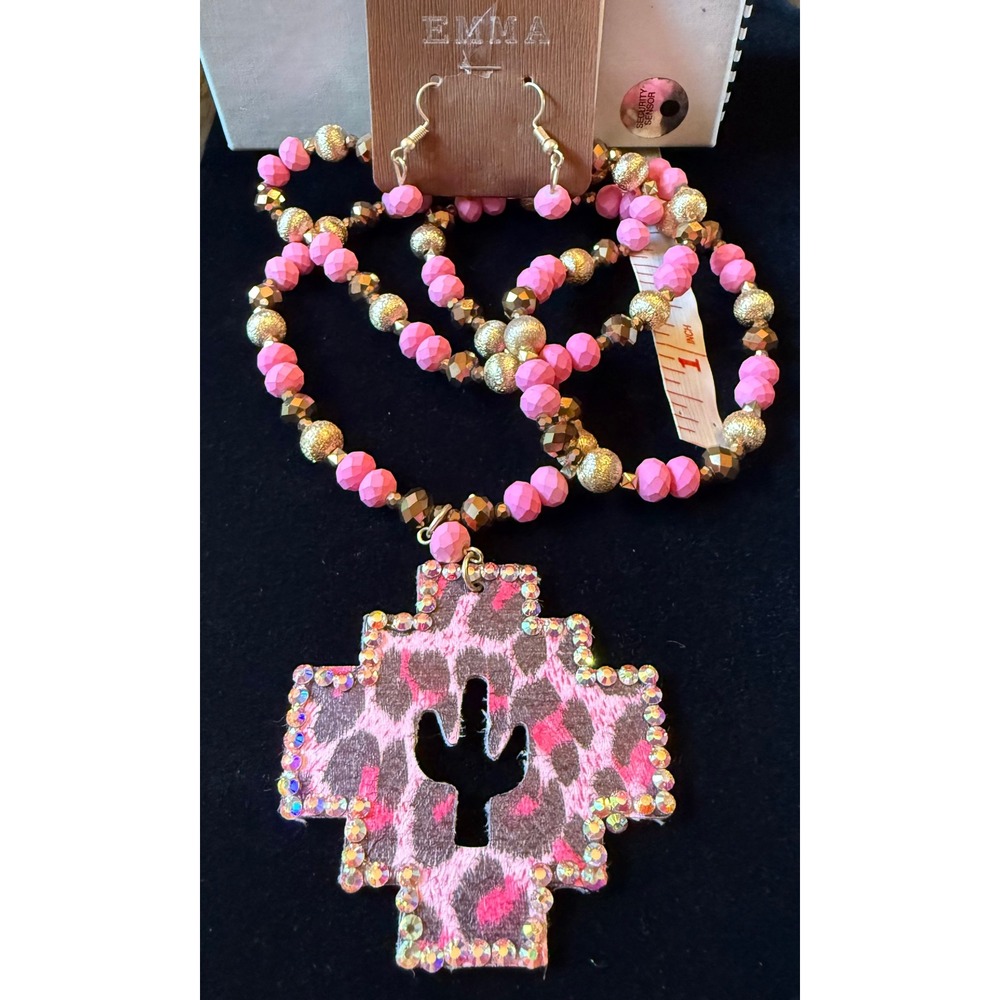 Emma Pink Leopard Cross Cactus Beaded Necklace and Earrings‎ Set 32 Inch